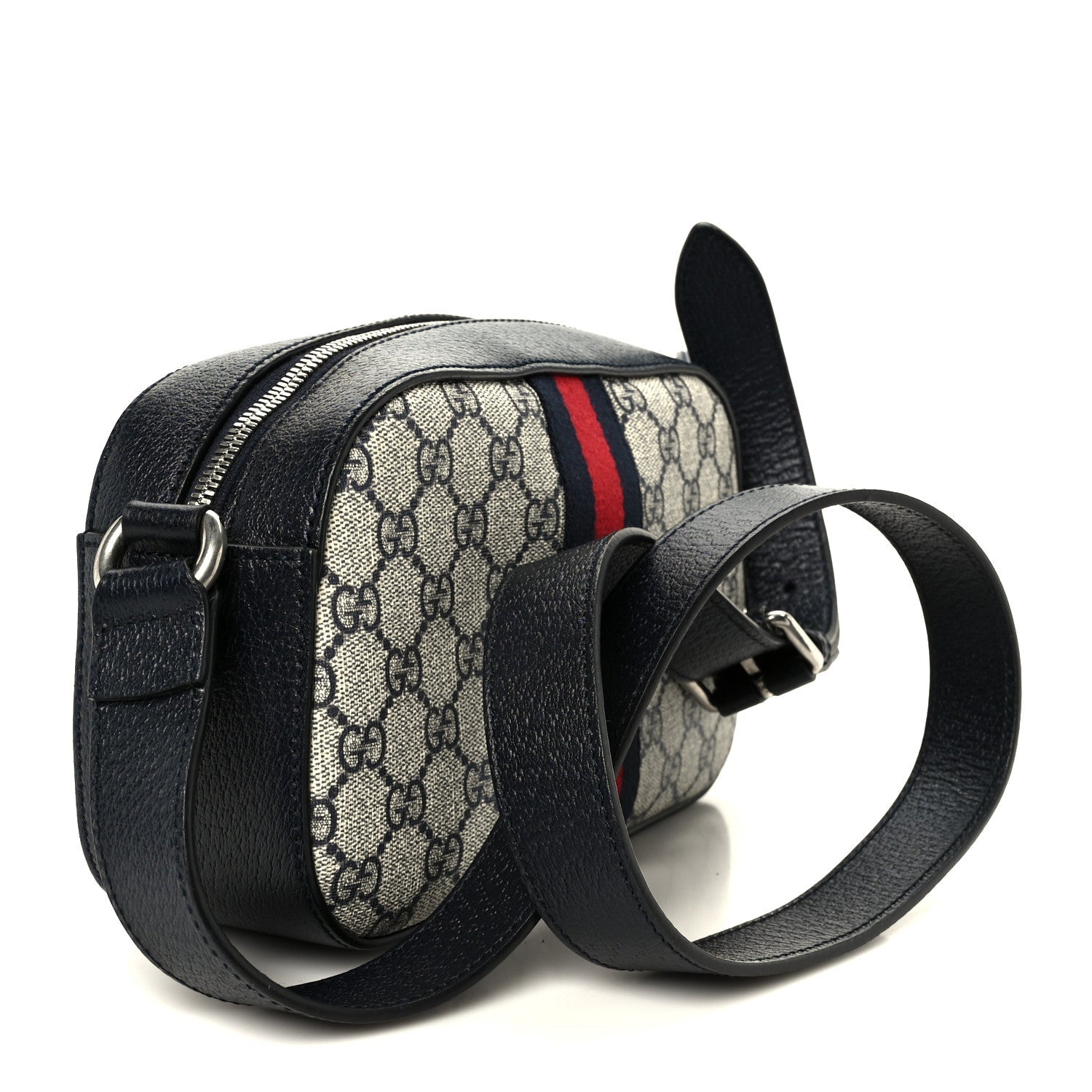 Gucci GG Supreme Monogram Textured Dollar Calfskin Web Small Ophidia Camera Bag Beige Blue