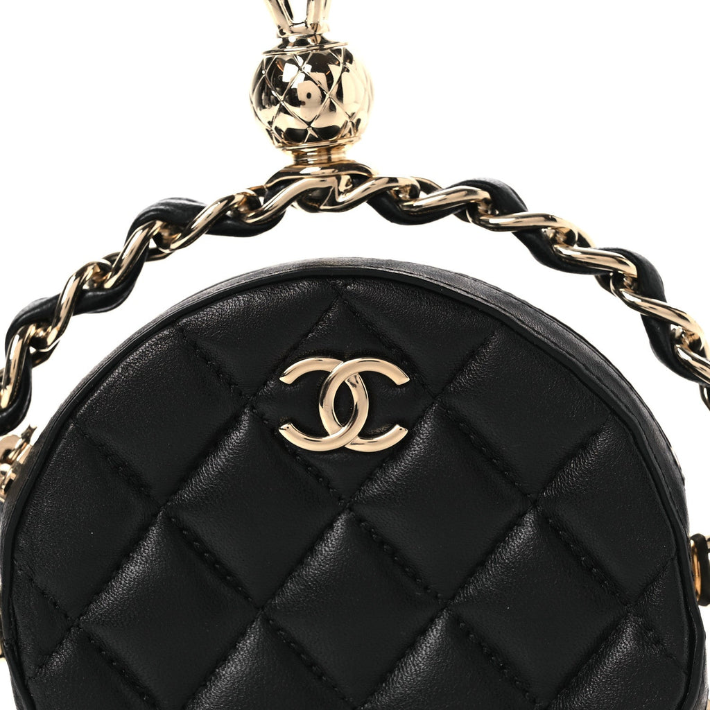 Chanel Lambskin Quilted Chain Round Mini Clutch Black