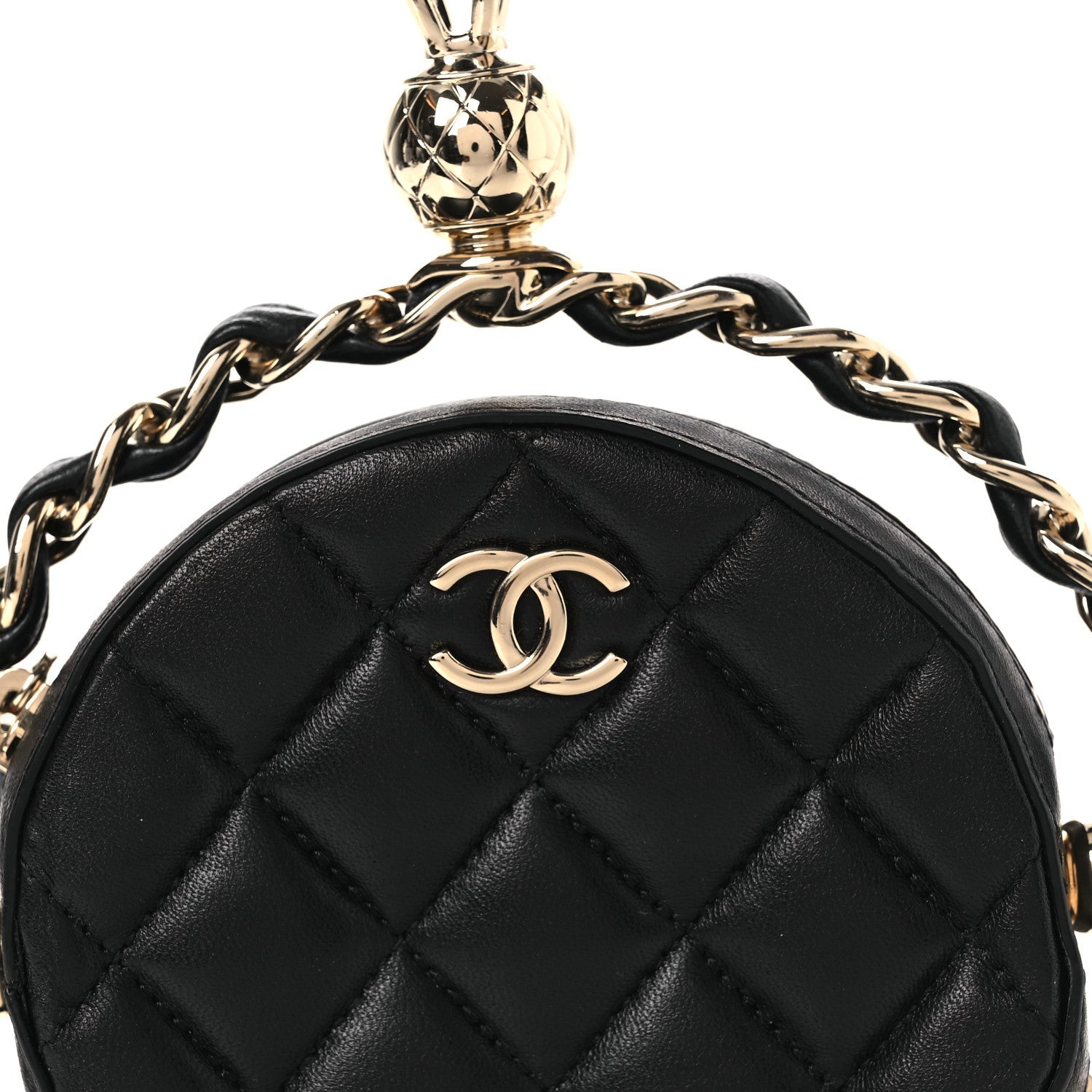 Chanel Lambskin Quilted Chain Round Mini Clutch Black