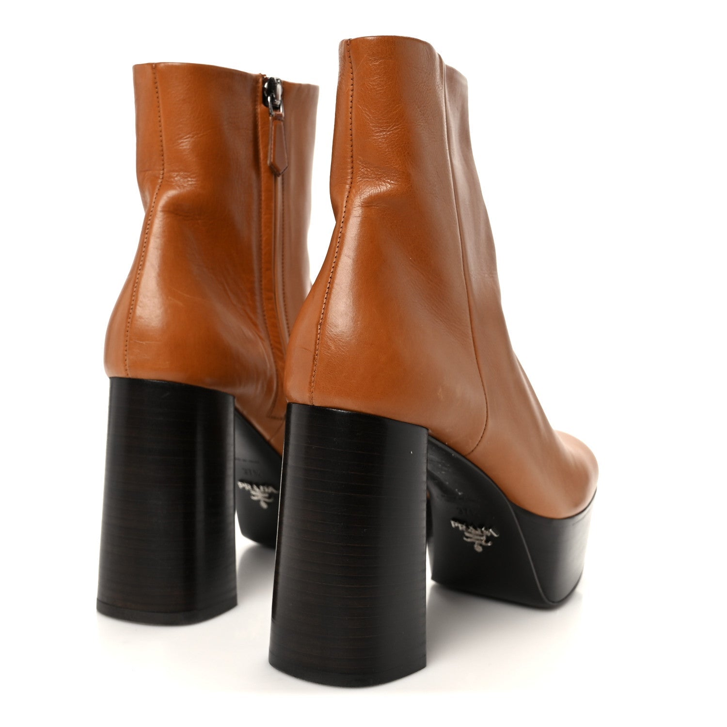 Prada Vitello Platform Ankle Booties 37.5 Cognac
