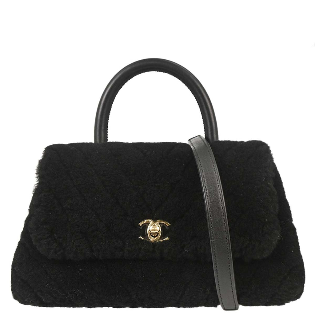 Chanel 2019 Black Mouton Chevron Coco Handle 2way Shoulder Handbag