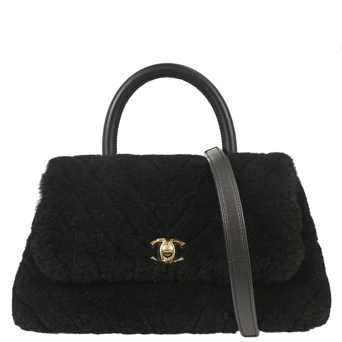 Chanel 2019 Black Mouton Chevron Coco Handle 2way Shoulder Handbag