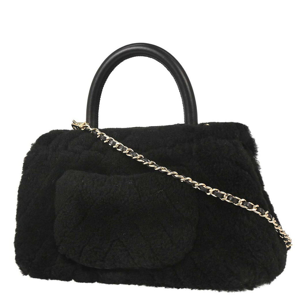 Chanel 2019 Black Mouton Chevron Coco Handle 2way Shoulder Handbag