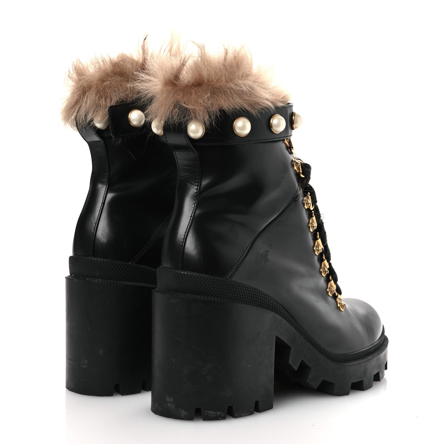 Gucci Magnum Calfskin Fur Pearl Lace Up Combat Ankle Boots 39.5 Black Naturale