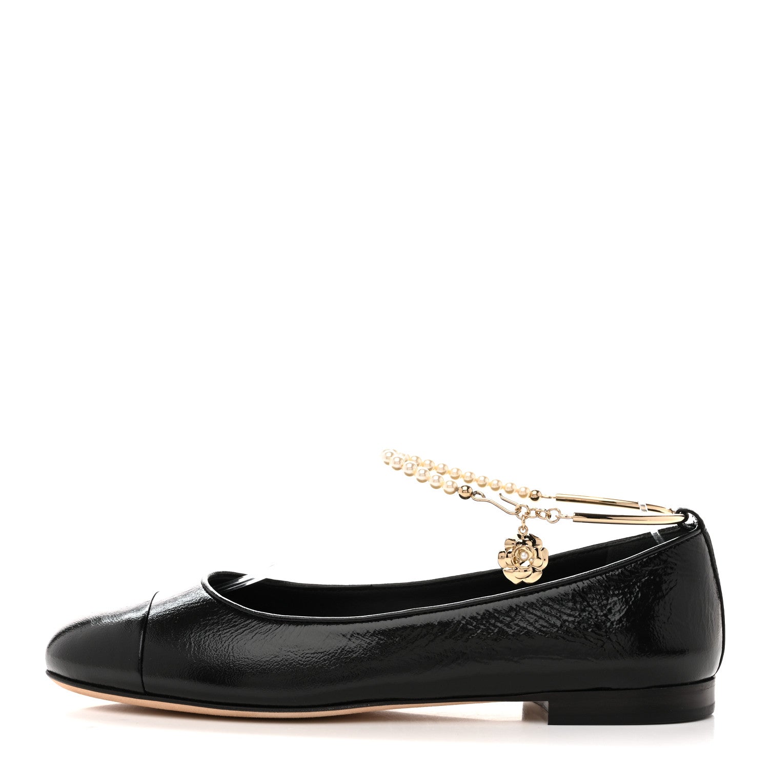 Chanel Shiny Lambskin Pearl Cap Toe Ankle Chain Ballerina Flats 39 Black