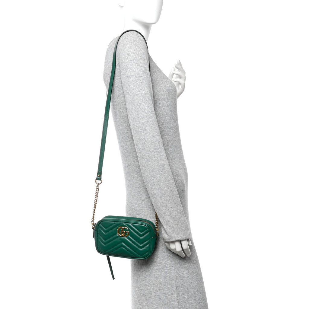Gucci Calfskin Matelasse Small GG Marmont Chain Shoulder Bag Emerald Green