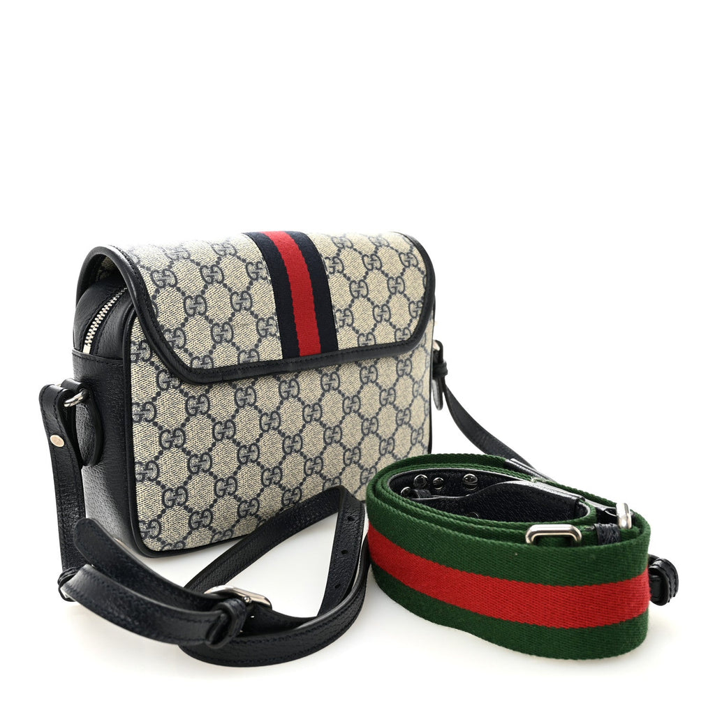 Gucci GG Supreme Monogram Textured Dollar Calfskin Web Studded Mini Ophidia Flap Shoulder Bag Beige Blue