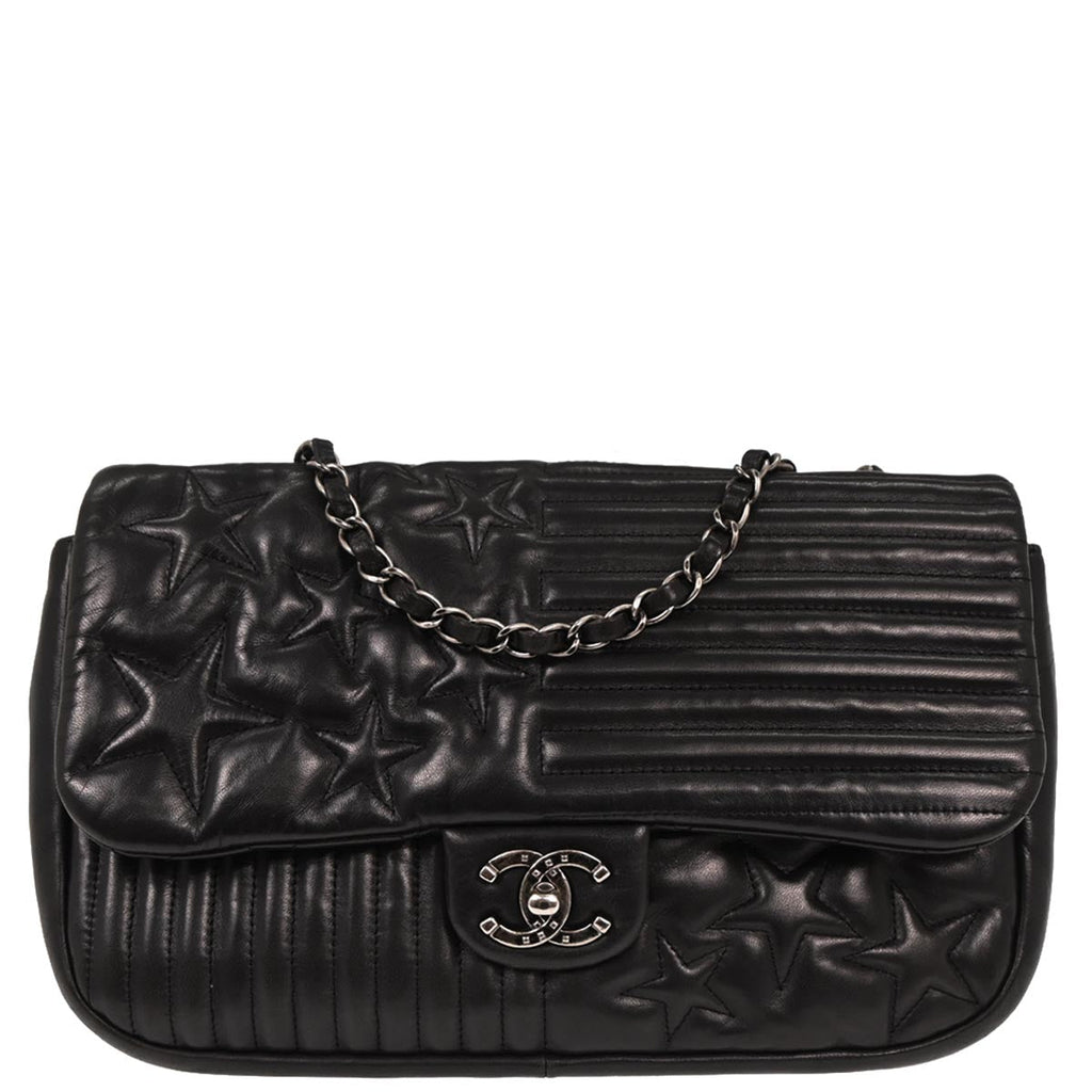 Chanel 2014 Black Lambskin Paris Dallas Stars and Stripes Flap Bag Shoulder Bag