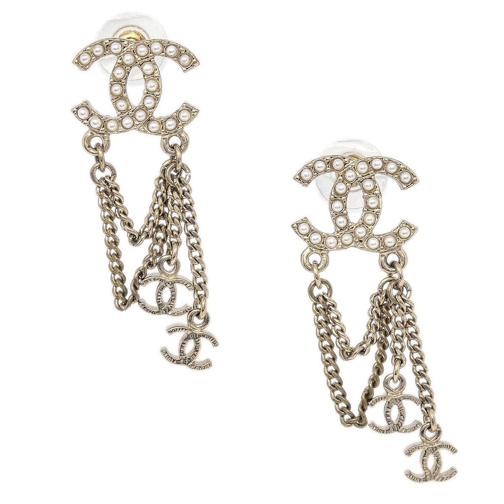 Chanel Dangle CC Pierced Earrings Gold Costume Pearl A13P