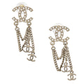 Chanel Dangle CC Pierced Earrings Gold Costume Pearl A13P