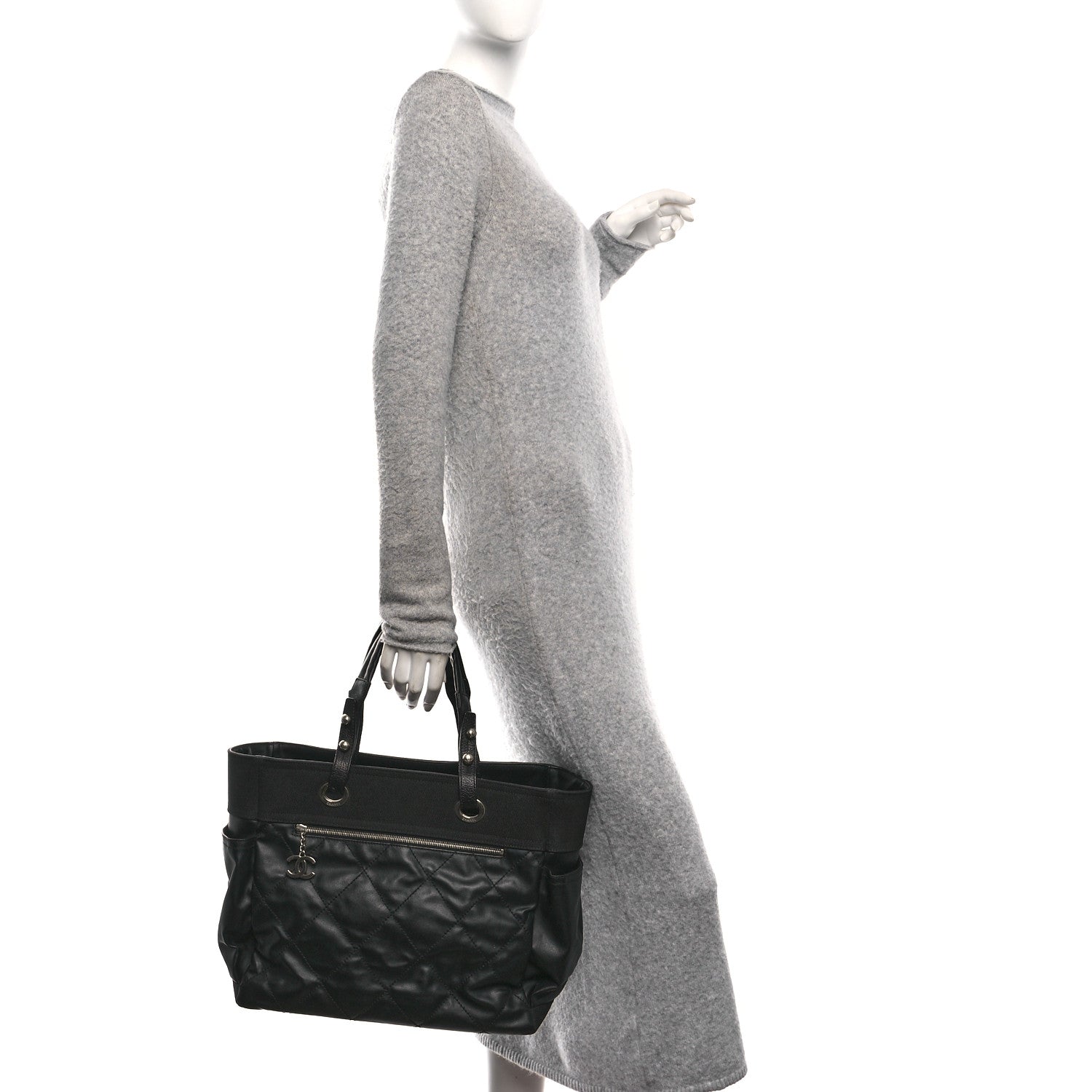 Chanel Coated Canvas Quilted Large Paris Biarritz Tote Black