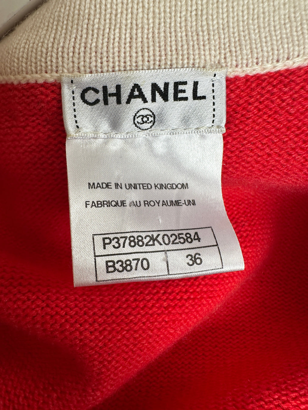 Chanel 10P Red Knitted Long Sleeve Cardigan with Pearls & Cream Braided Trim Details FR 36 (UK 8)