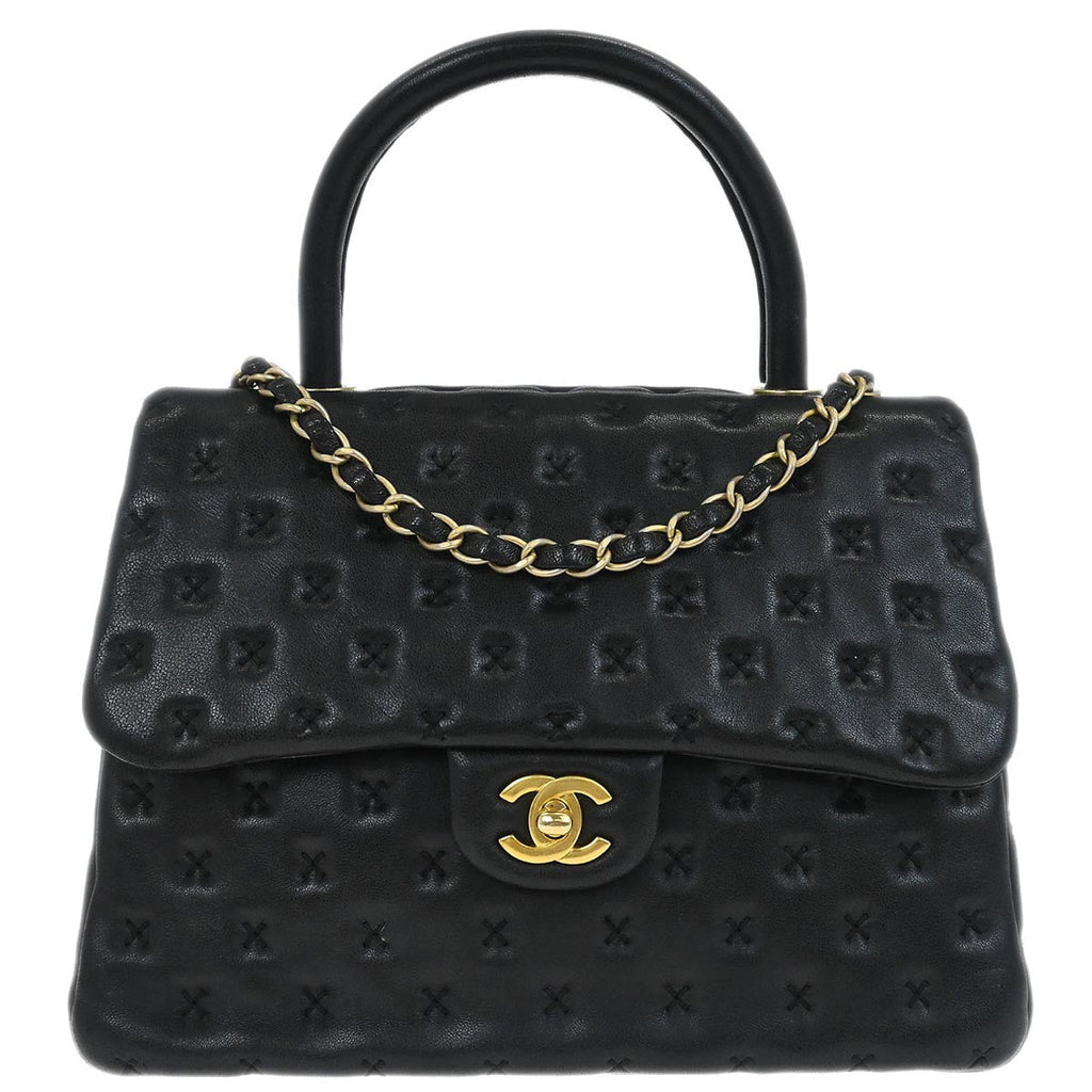 Chanel 2017 Black Lambskin Cross Stitch Coco Handle 2way Shoulder Handbag