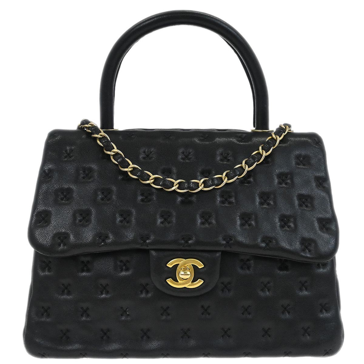 Chanel 2017 Black Lambskin Cross Stitch Coco Handle 2way Shoulder Handbag