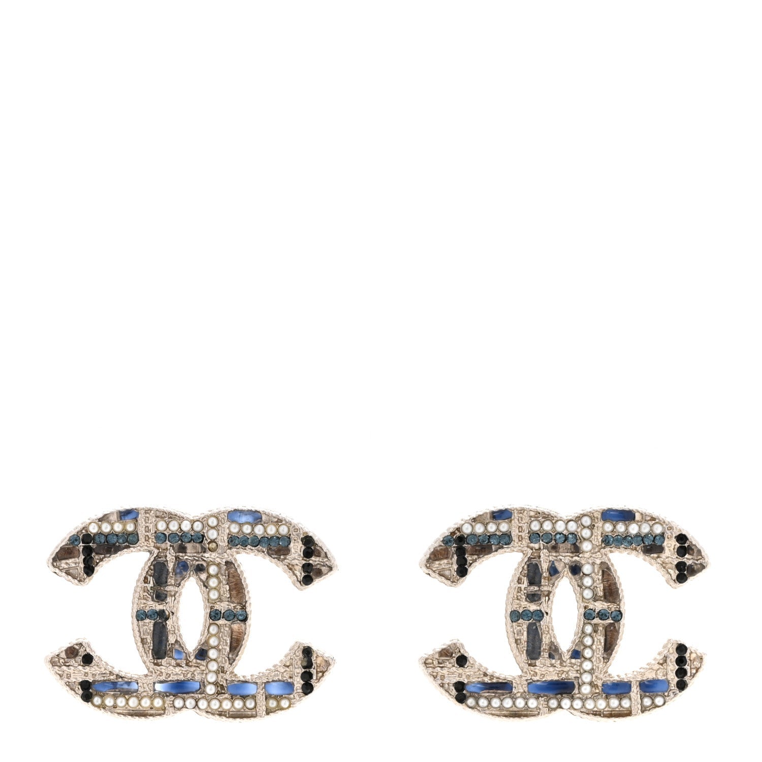 Resin Crystal Pearl Tweed Effect CC Earrings Silver Blue Pearly White