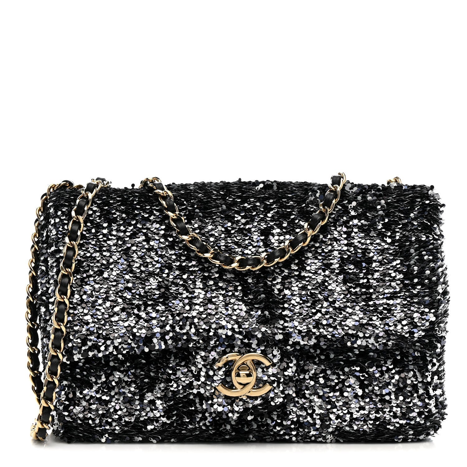 Chanel Sequin Quilted Small Single Flap Black White Grey