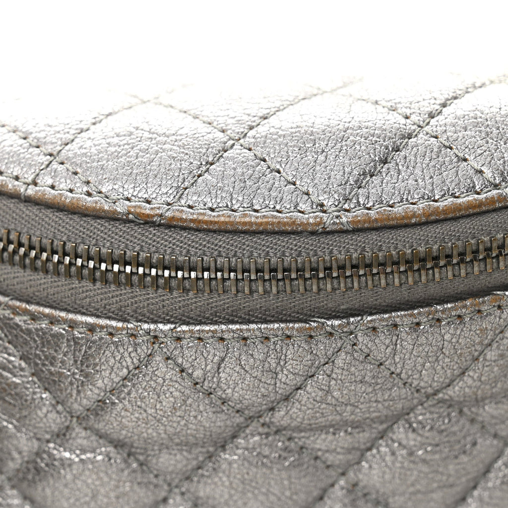 Chanel Metallic Calfskin Quilted Banane Waist Bag Fanny Pack Dark Silver