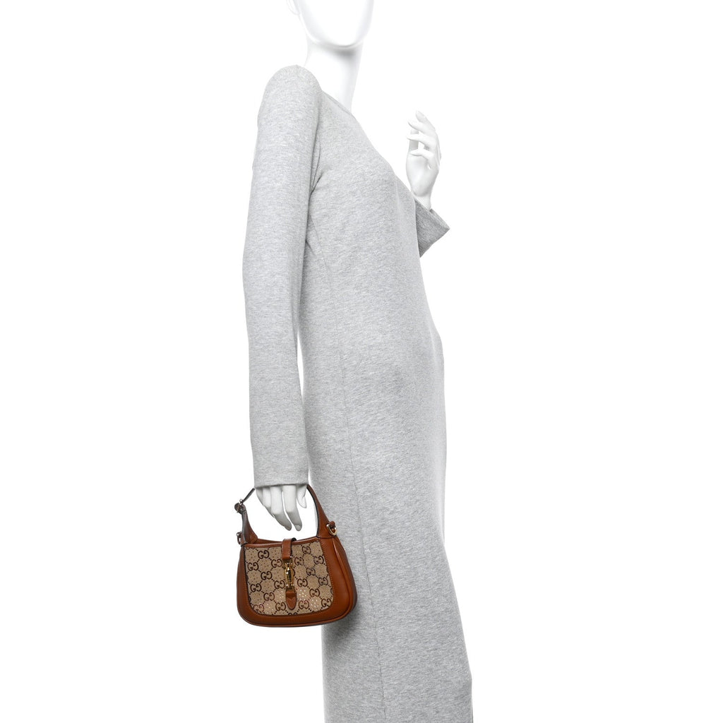 Gucci New Canvas Charisma Calfskin Crystal GG Monogram Mini Jackie 1961 Hobo Camel Ebony
