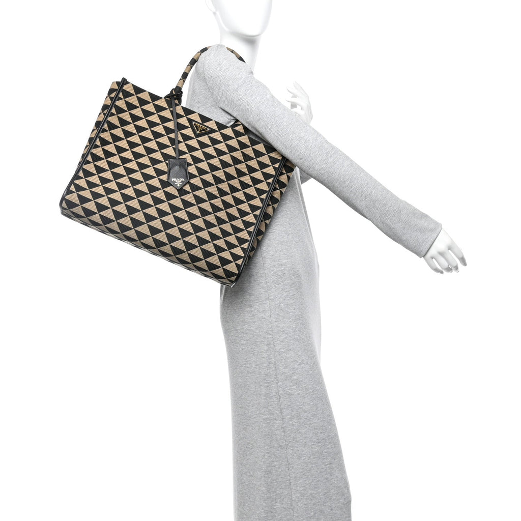 Prada Jacquard Saffiano Triangolo Symbole Embroidered Large Tote Black Corda