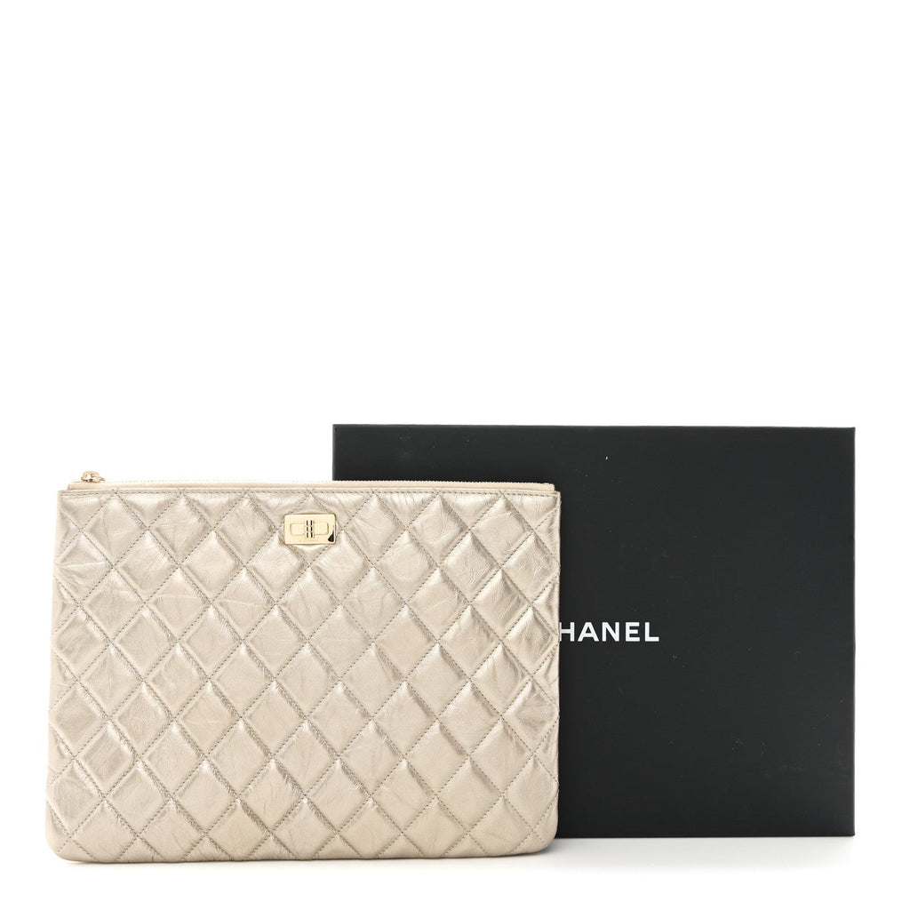 Metallic Aged Calfskin Quilted Medium 2.55 Reissue Cosmetic Case Gold