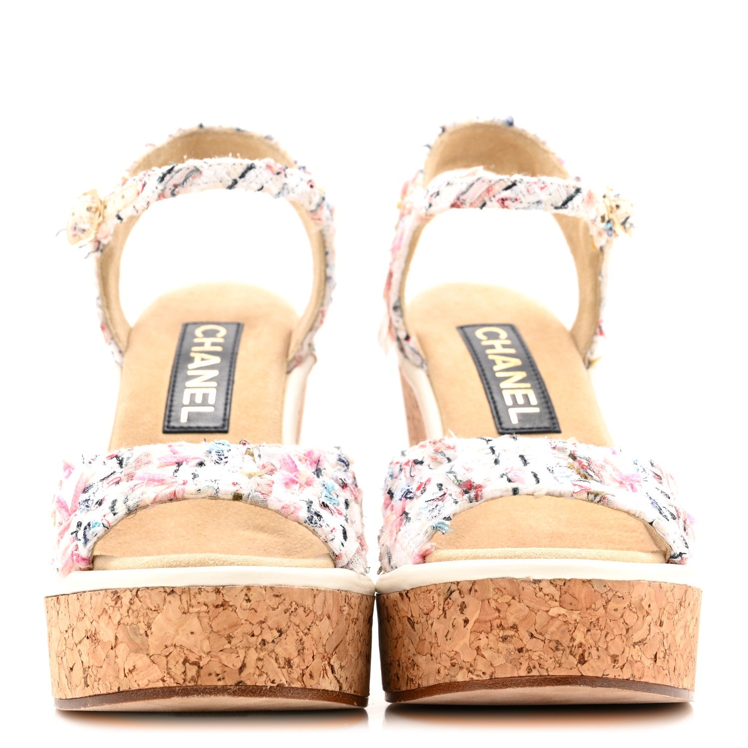 Chanel Tweed Cork CC Wedge Sandals 37 Ecru Pink Blue Green