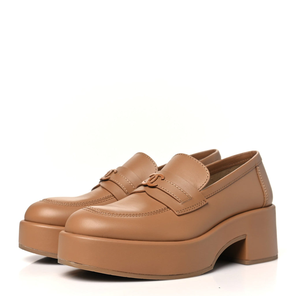 Calfskin CC Platform Loafers 39.5 Beige