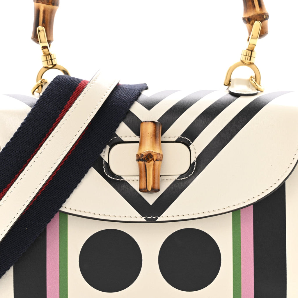Gucci Calfskin Web Geometric Print Small Bamboo 1947 Top Handle Bag White Multicolor