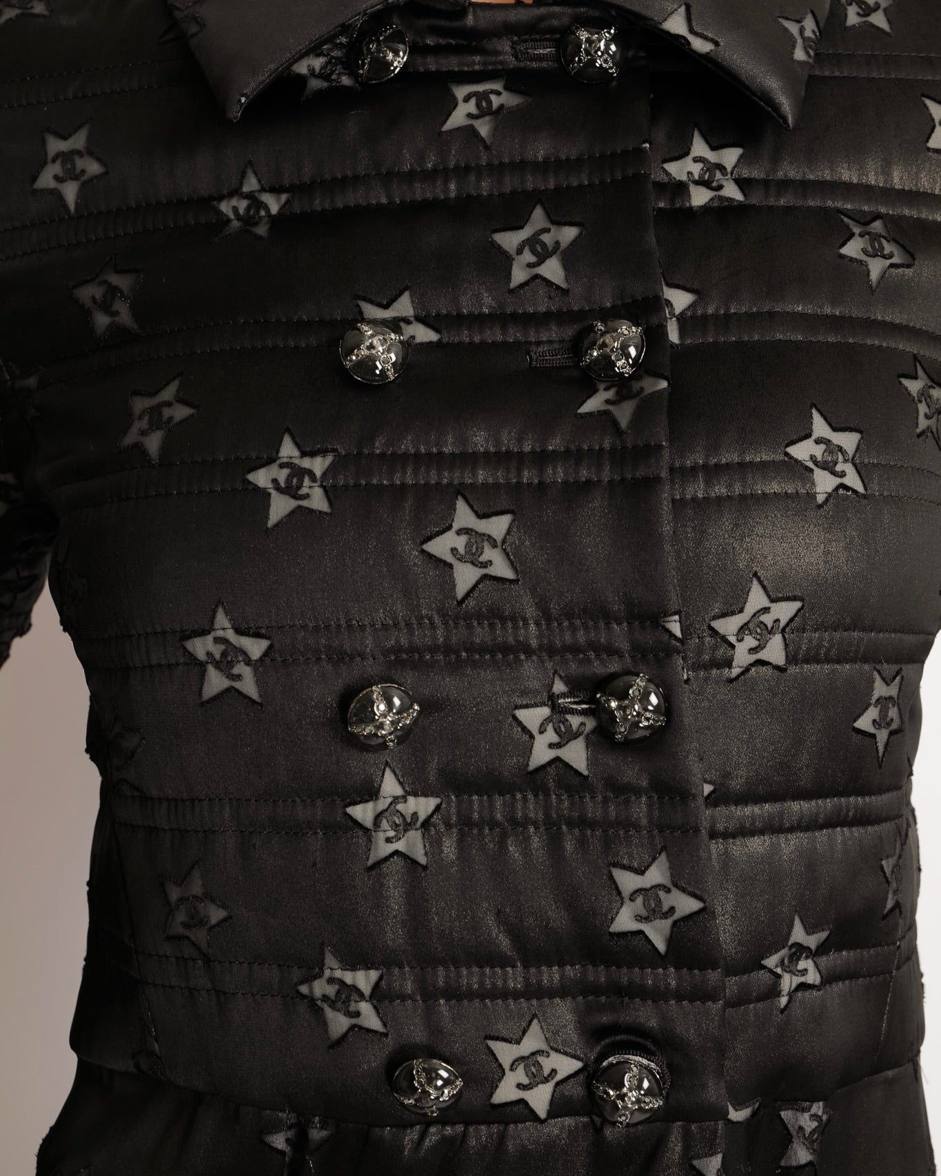 Chanel Cruise 2024 Black Shimmery Coat Dress with CC Logo Stars Embellishments and Black and Silver Crystal CC Logo Buttons Size FR 36 (UK 8)
