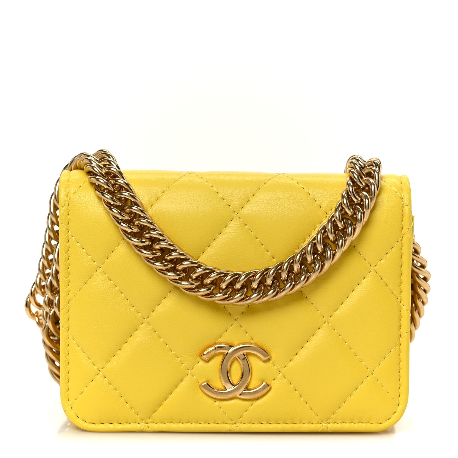 Chanel Lambskin Quilted Enamel Logo Flap Card Holder On Chain Yellow