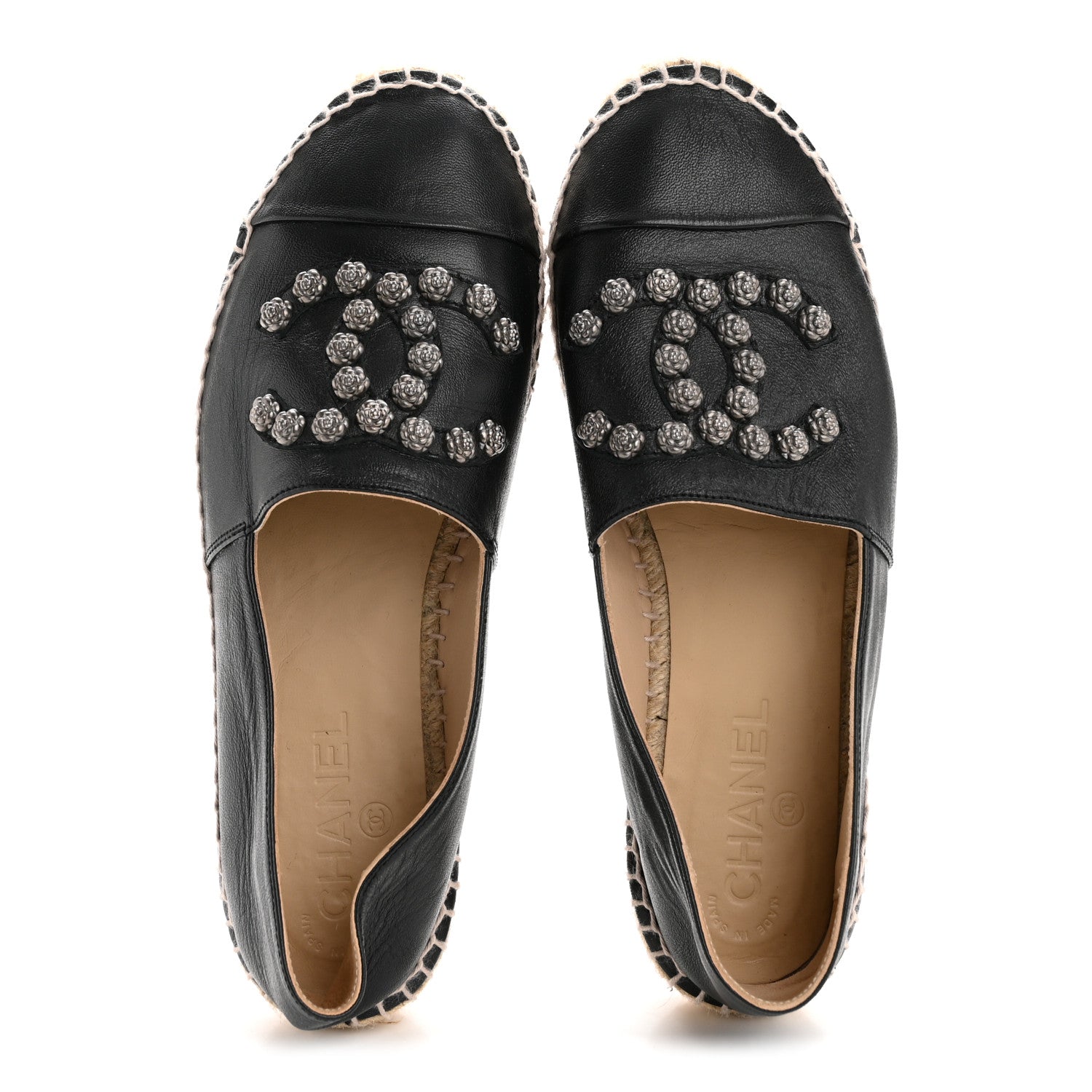 Lambskin Camellia CC Stud Espadrilles 39 Black