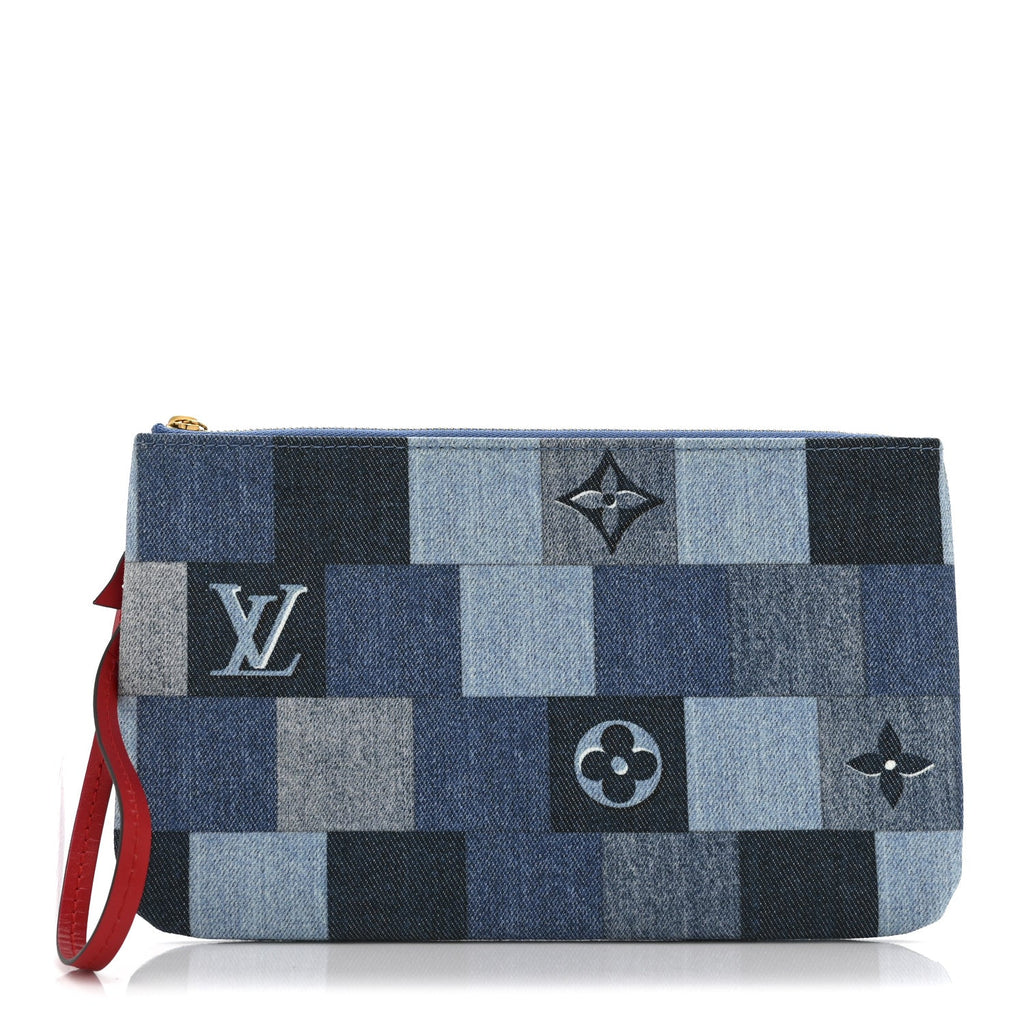 Louis Vuitton Denim Damier Monogram Patchwork Neverfull MM Pochette  Blue Rouge