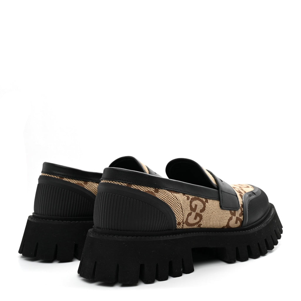 Gucci Monogram Jumbo GG Miro Soft Calfskin Mens Lug Sole Loafers 8.5 Camel Ebony Black
