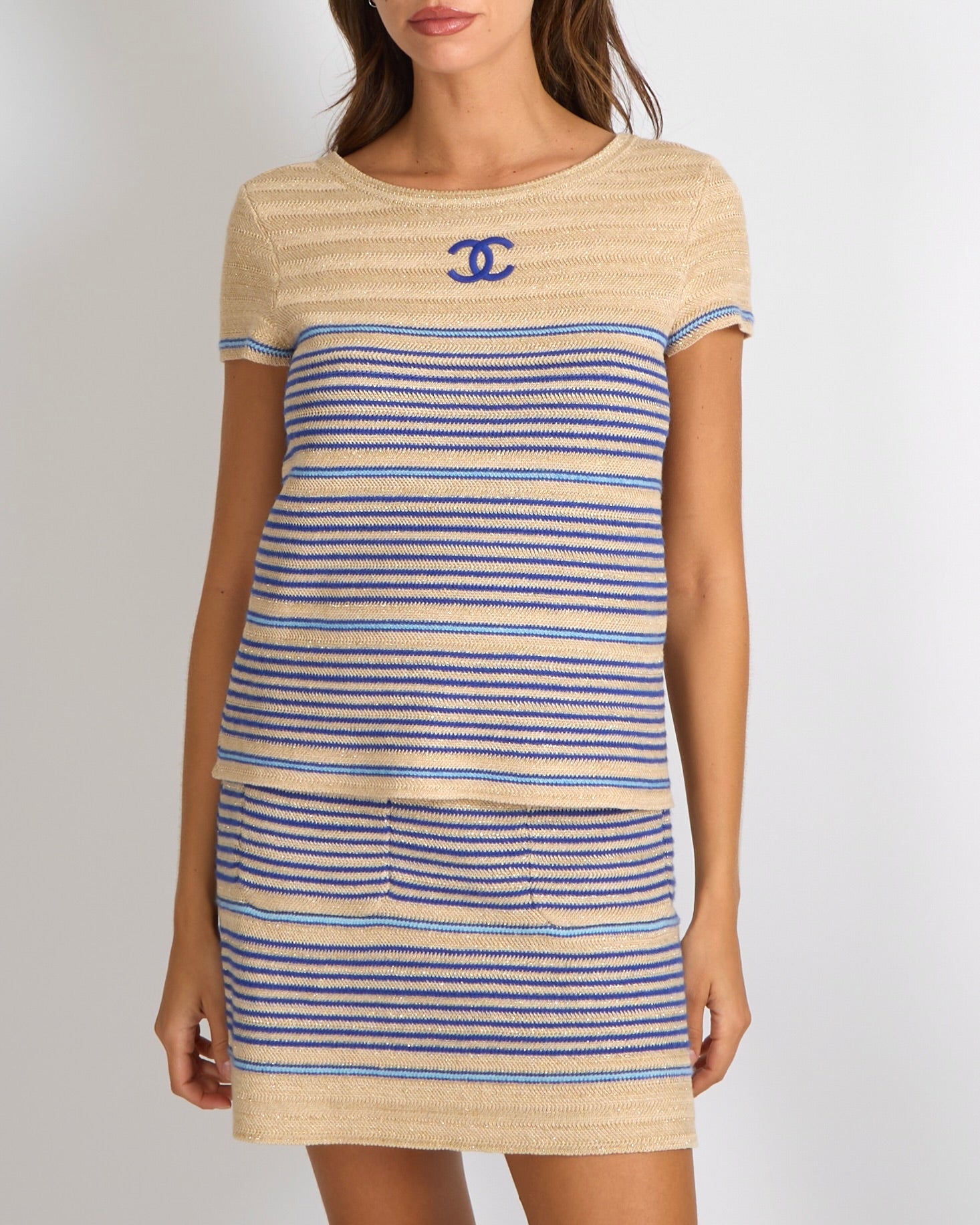 Chanel Cruise 2019 Beige, Gold and Blue Striped Linen Mini Skirt and Top Set with CC Logo and CC Logo Gold Buttons Size FR 36/38 (UK 8/10)