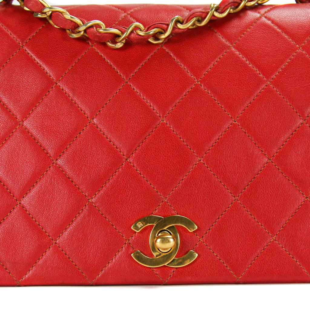 Chanel Full Flap Bag Small Red Lambskin Gold
