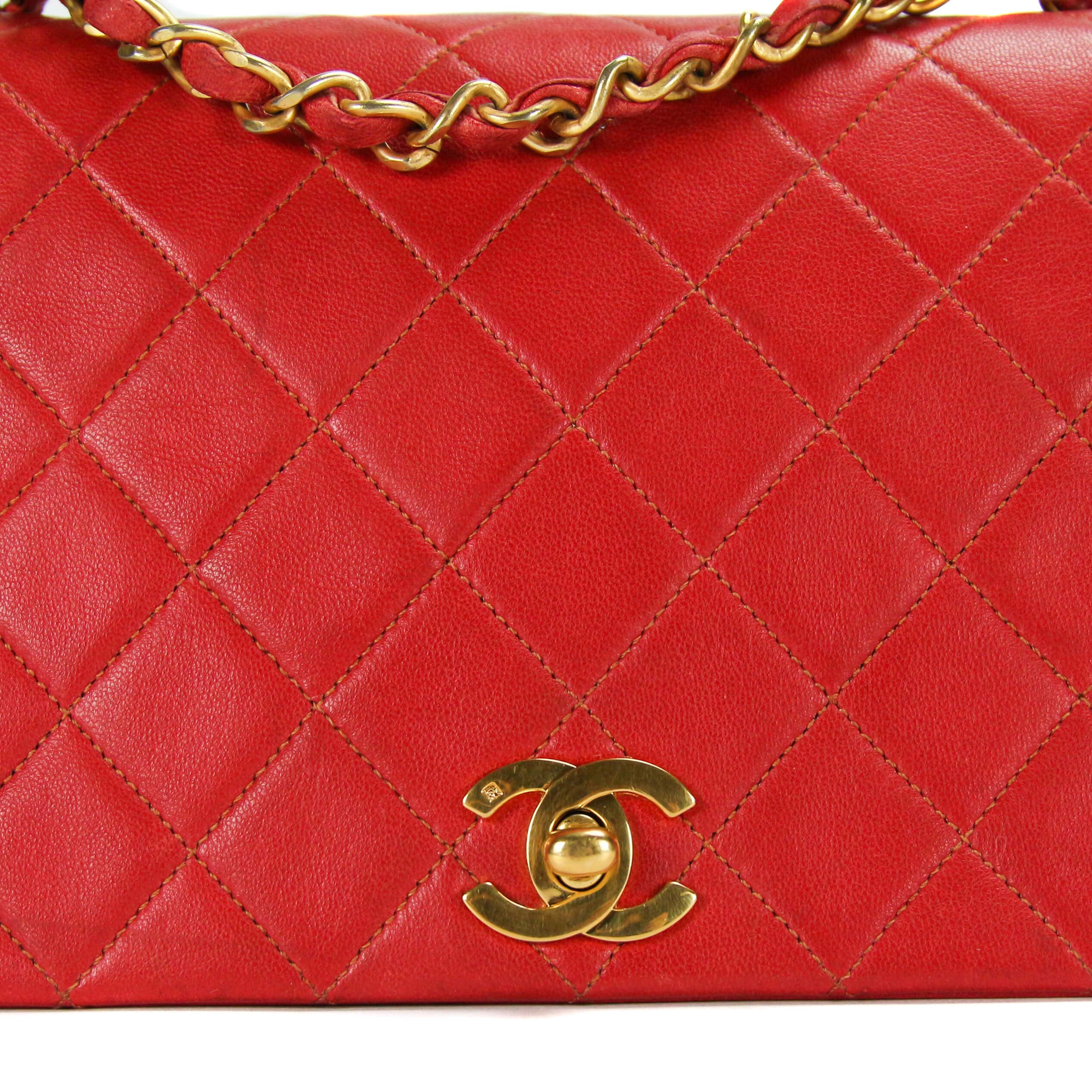 Chanel Full Flap Bag Small Red Lambskin Gold