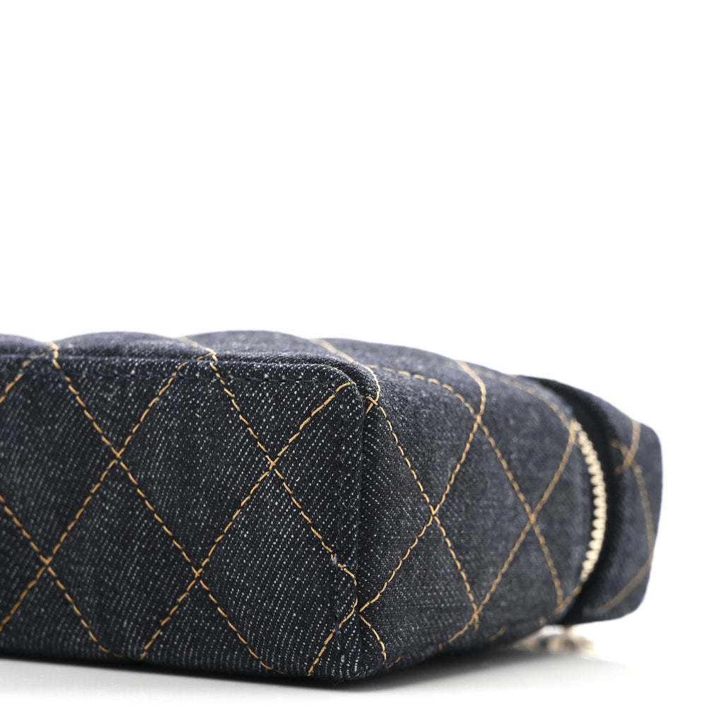 Chanel Denim Quilted Top Handle Slim Vanity Case With Chain Dark Blue Orange