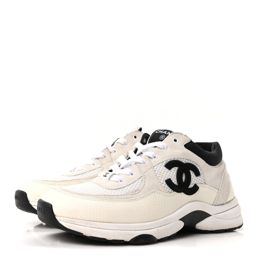 Mesh Suede Grained Calfskin Womens CC Sneakers 39 White Black