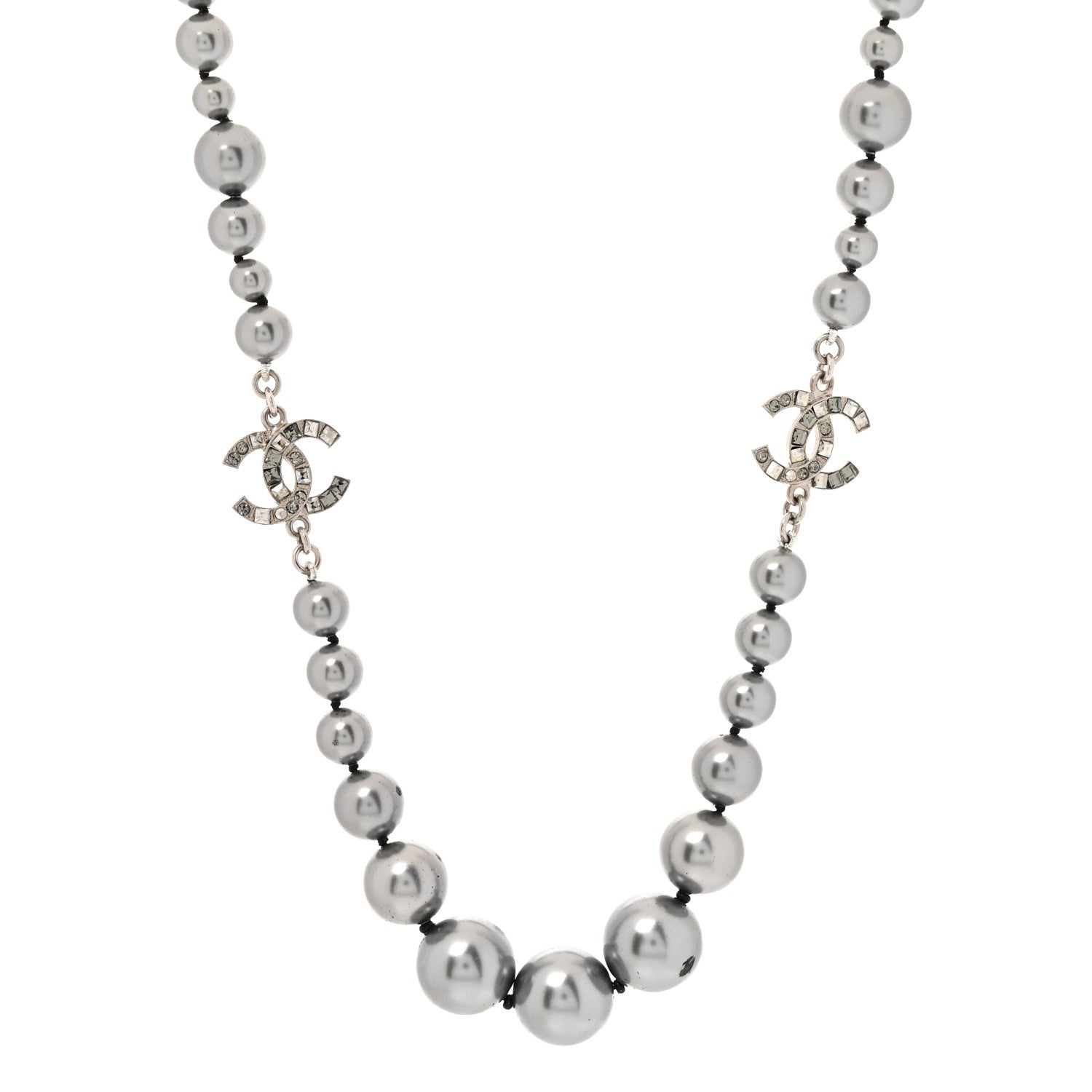 Crystal Baguette Graduated Pearl CC Short Necklace Silver Grey