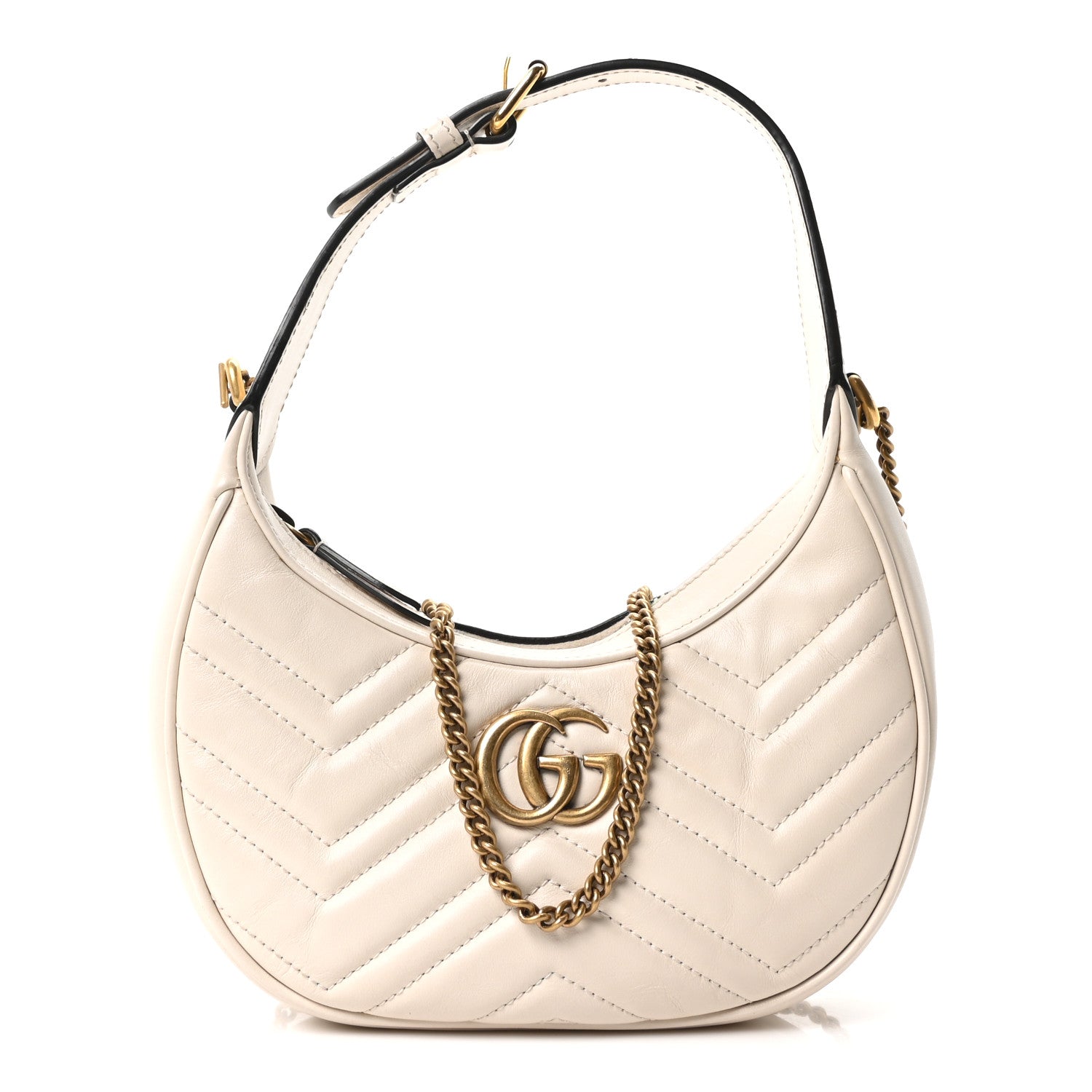 Gucci Calfskin Matelasse Chevron Mini GG Marmont Half Moon Hobo Mystic White