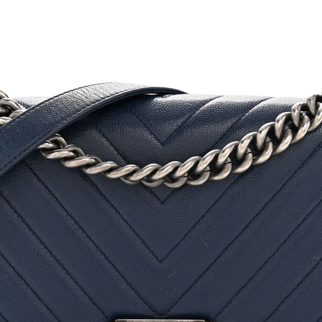 Chanel Caviar Chevron Quilted Medium Boy Flap Navy