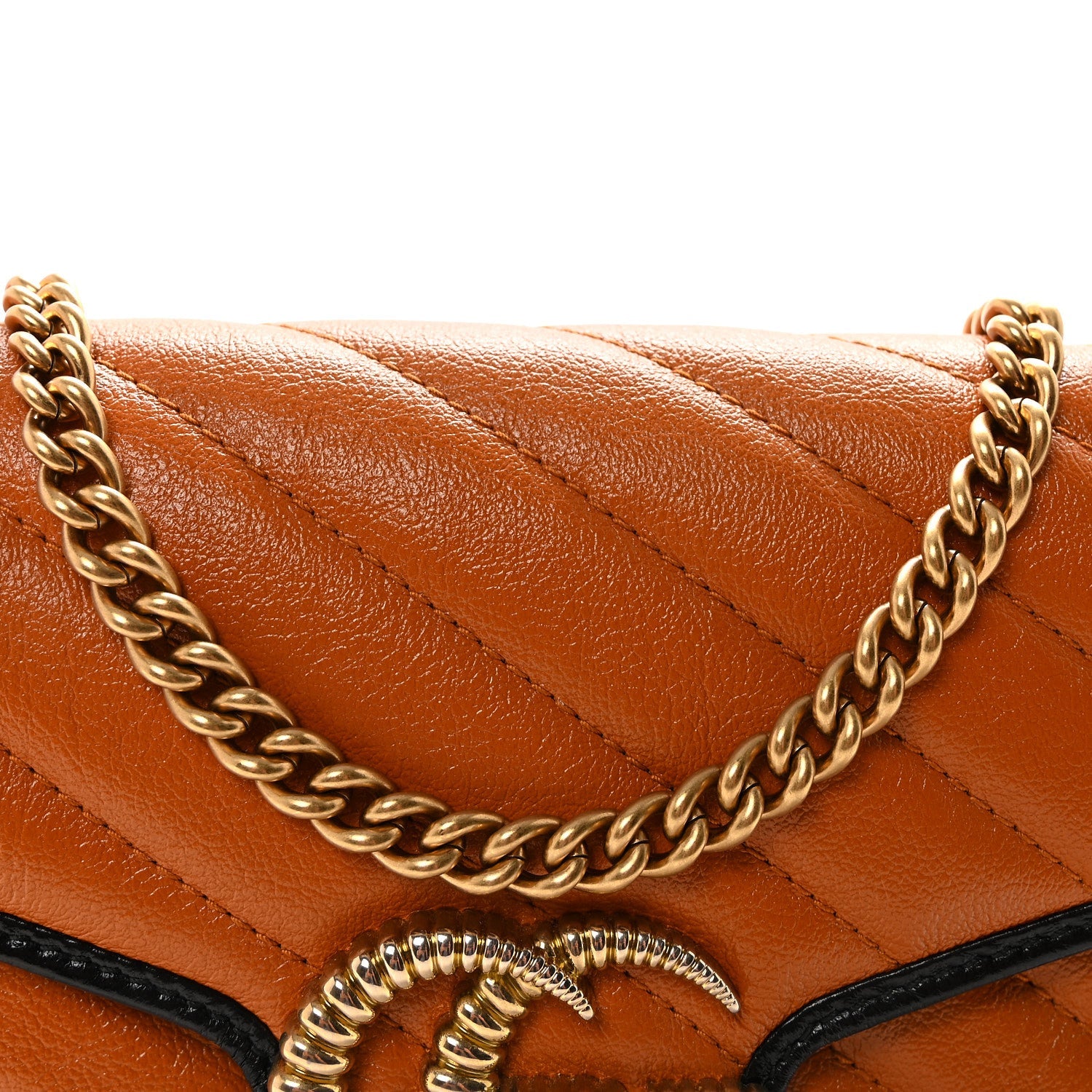 Gucci Vintage Effect Calfskin Matelasse Diagonal Torchon GG Marmont Chain Wallet Cognac