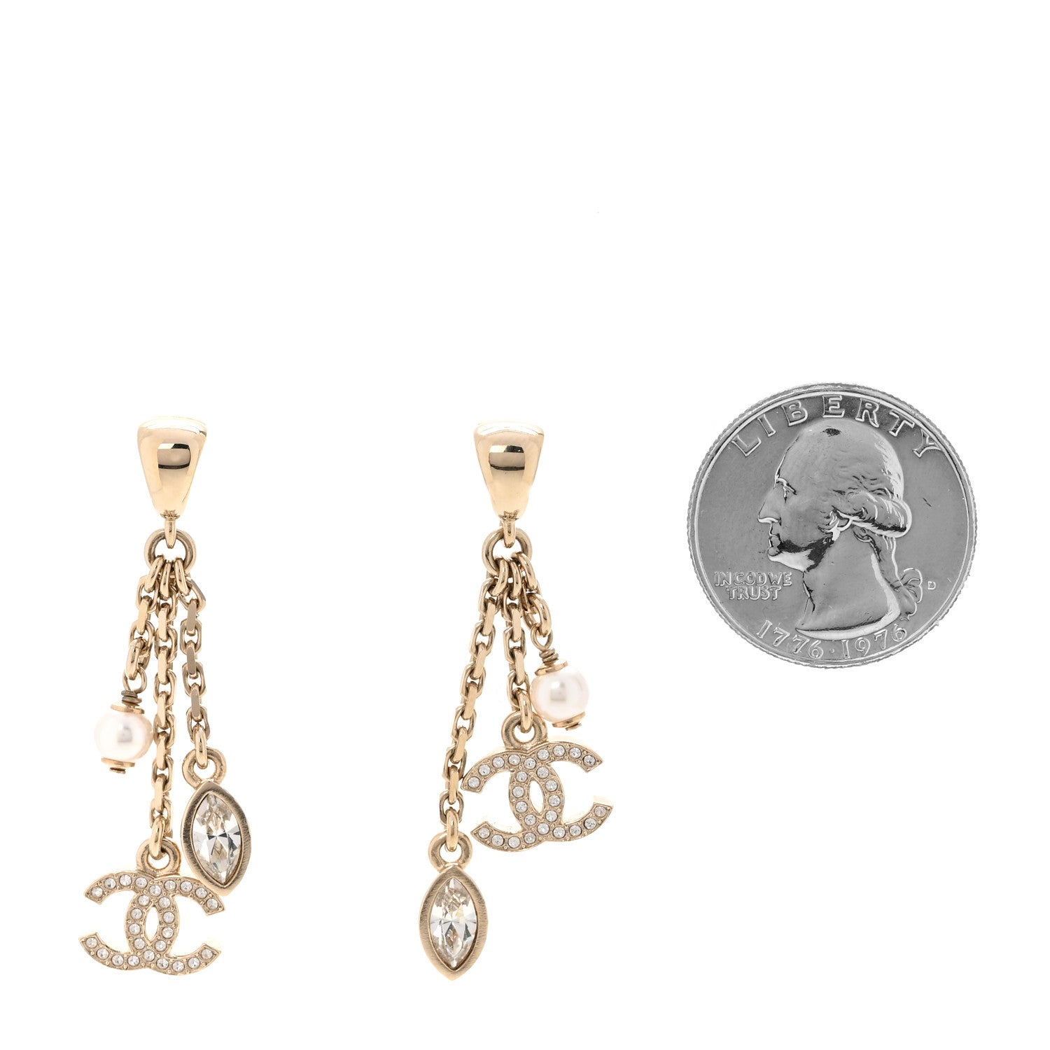 Chanel Strass Crystal Pearl CC Drop Earrings Gold