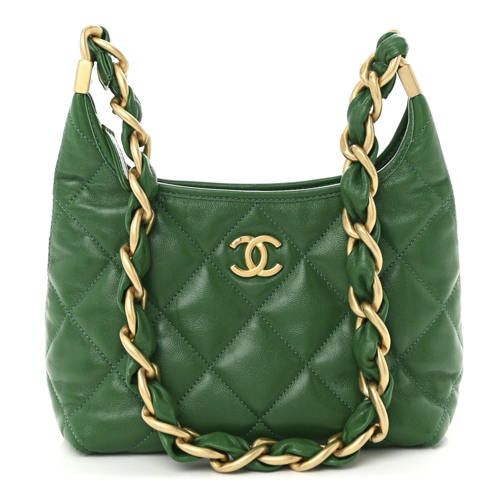 Chanel Shiny Crumpled Lambskin Quilted Small CC Funky Town Hobo Green