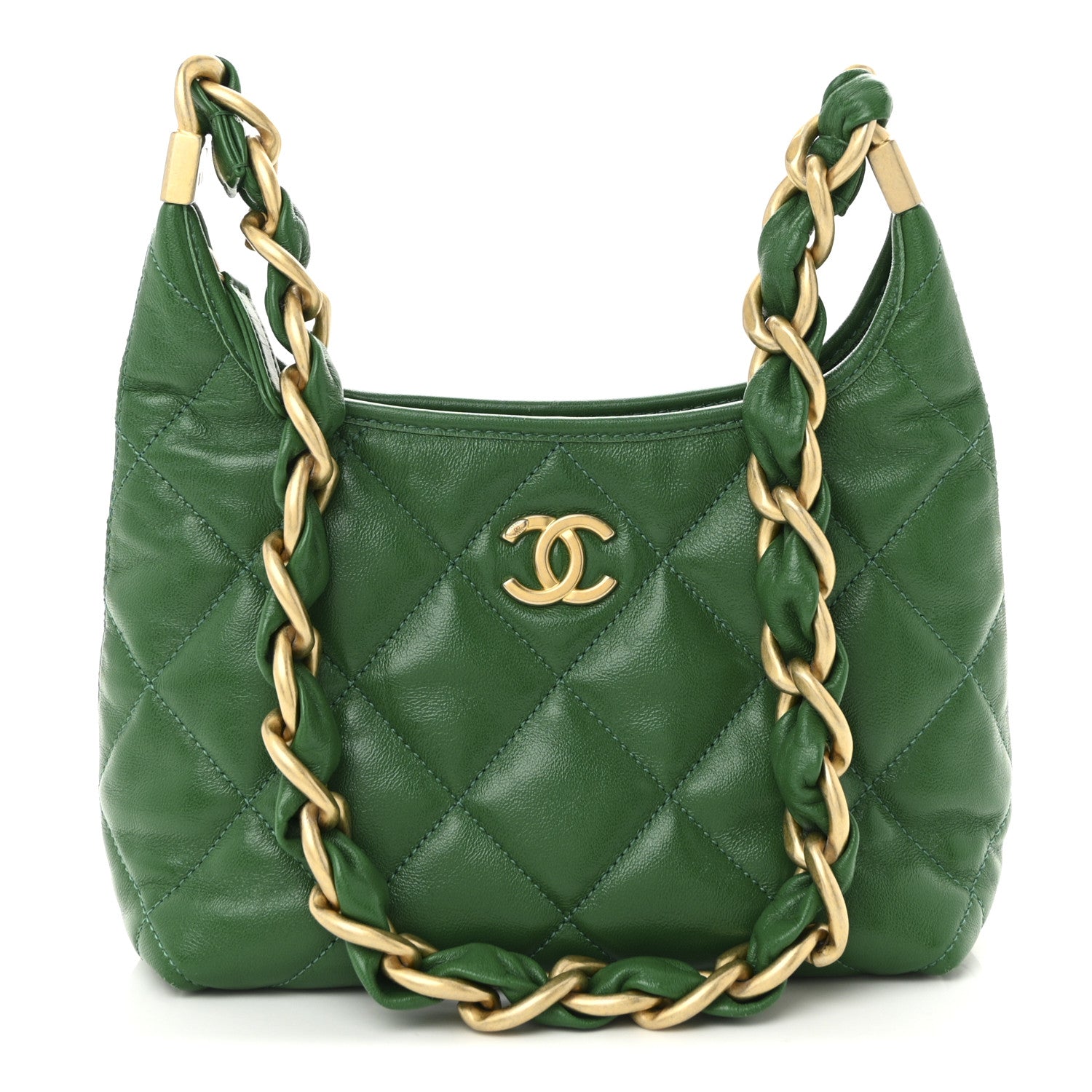 Chanel Shiny Crumpled Lambskin Quilted Small CC Funky Town Hobo Green