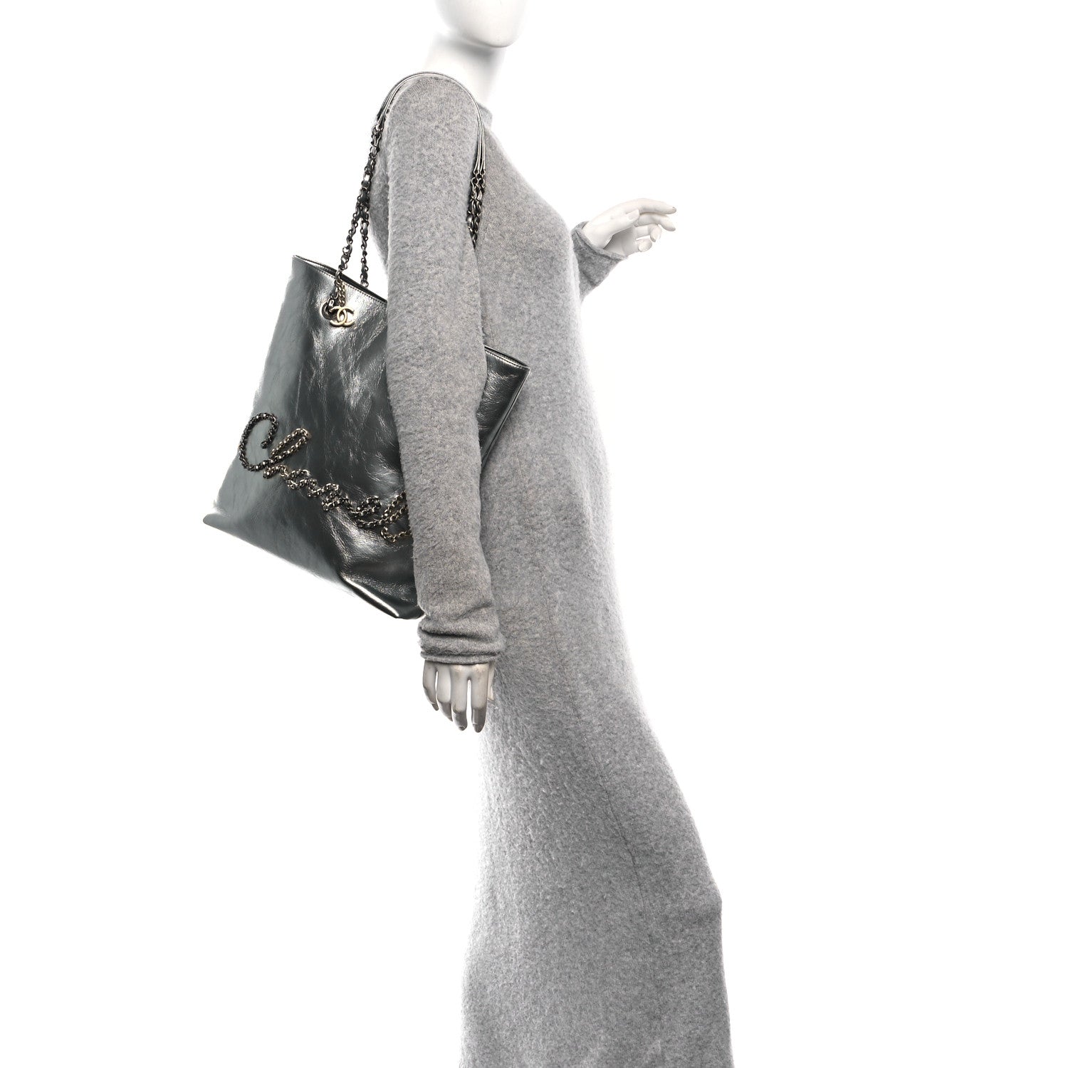 Chanel Metallic Crumpled Calfskin Chain 20s Signe Tote Silver