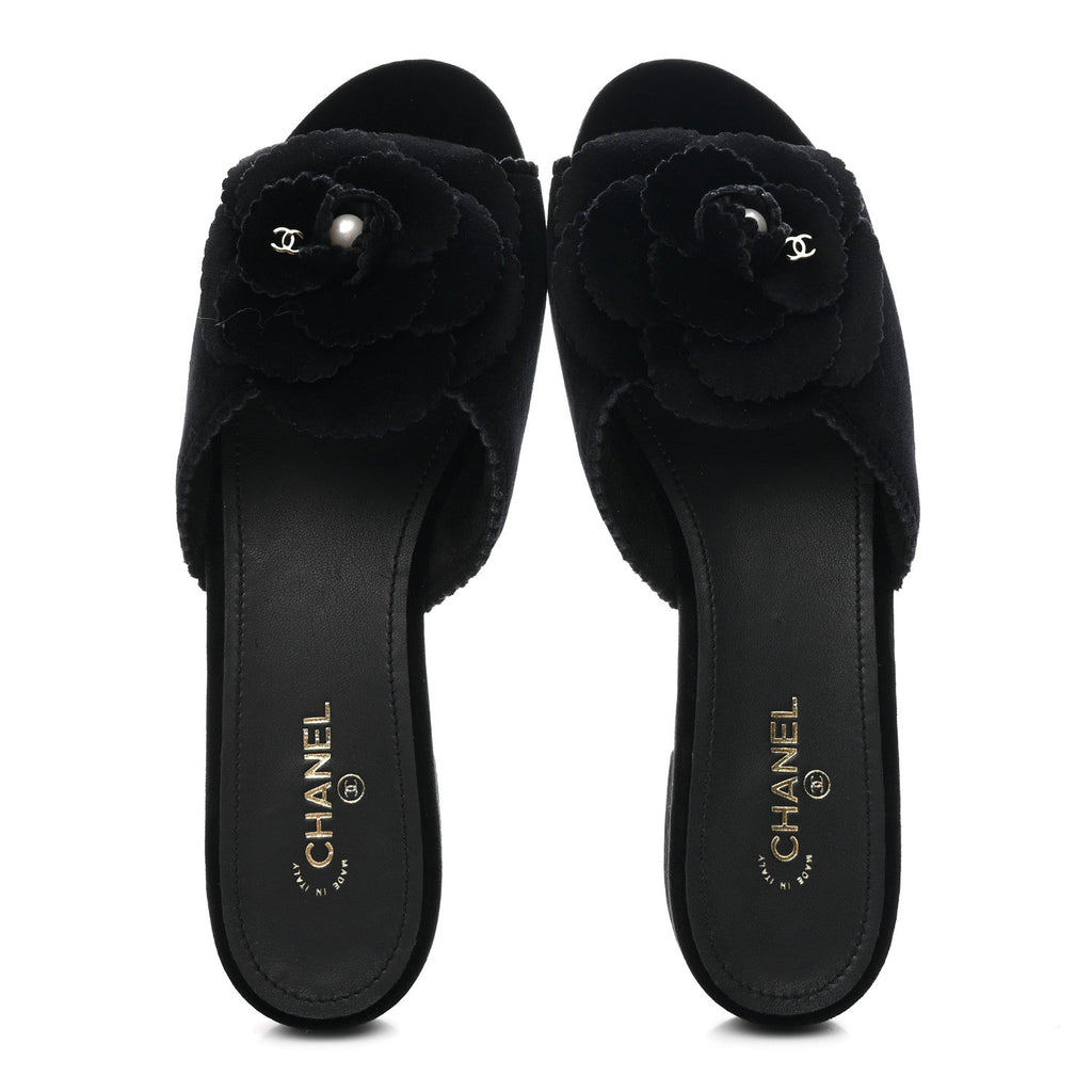 Chanel Velvet Pearl Camellia Slide Sandals 37 Black