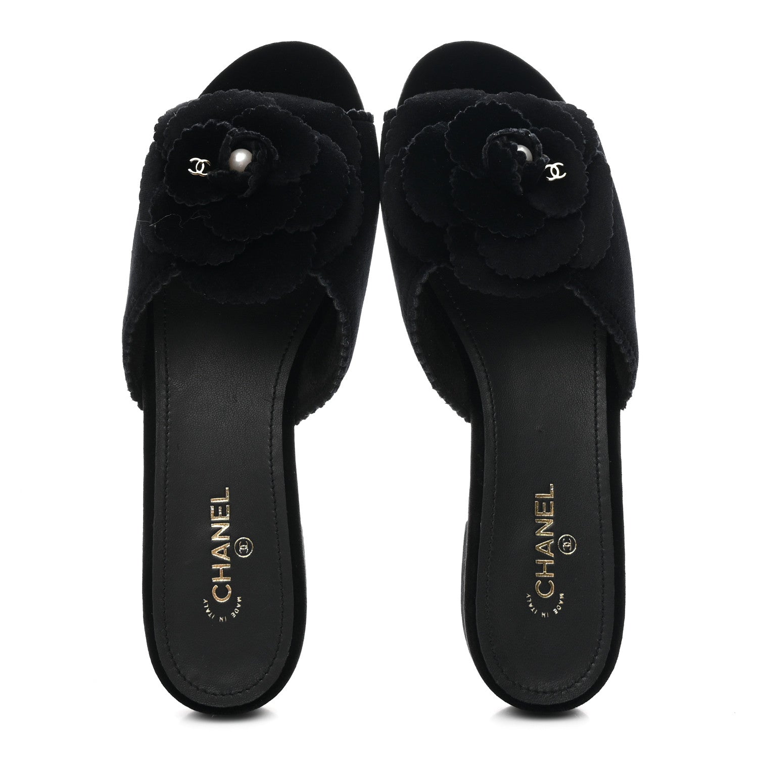 Chanel Velvet Pearl Camellia Slide Sandals 37 Black