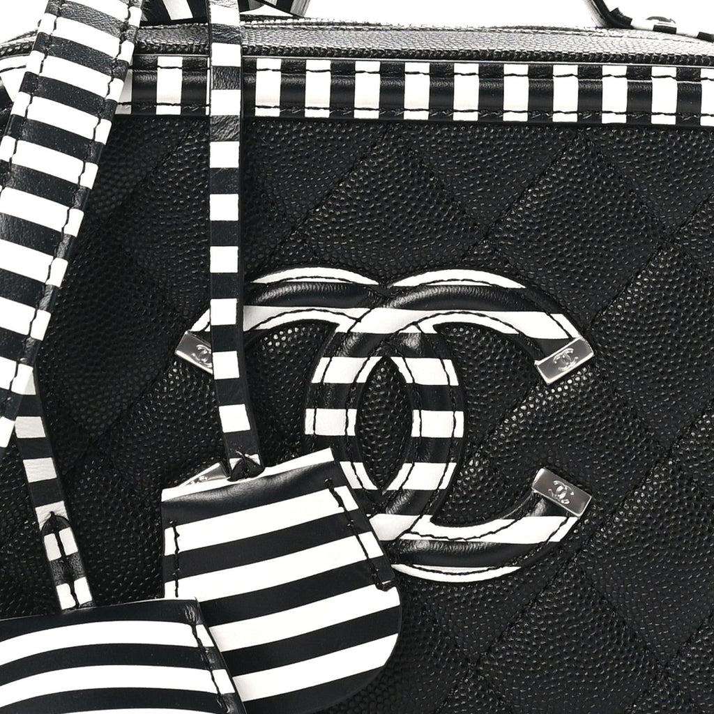 Chanel Caviar Quilted Striped Small CC Filigree Vanity Case Black White