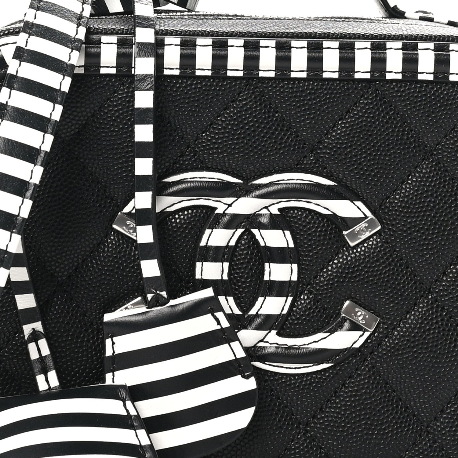 Chanel Caviar Quilted Striped Small CC Filigree Vanity Case Black White