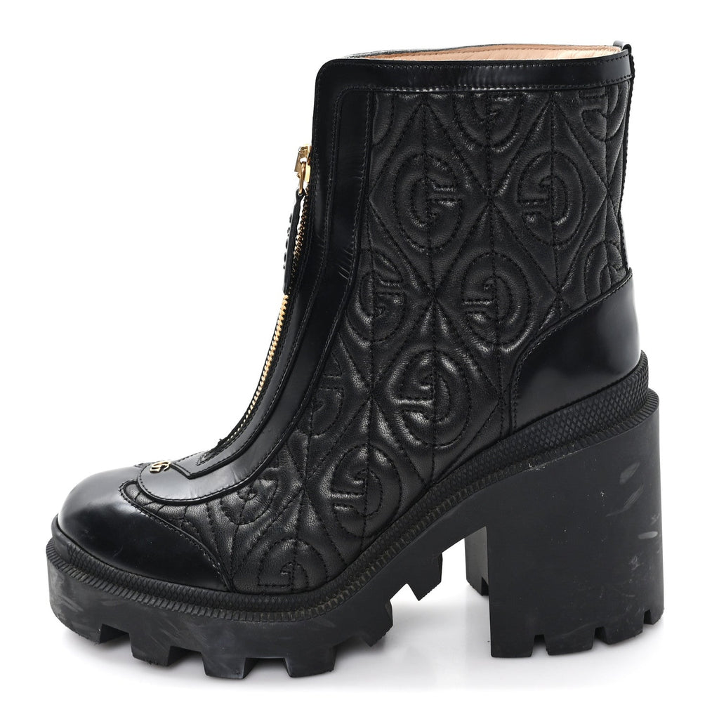 Gucci Calfskin Nappa Rhombus Quilted Trip Ankle Boots 36 Black
